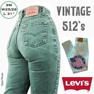 ‘93 Vintage LEVI’s 512 Slim Fit High-Rise Tapered Leg Green Jeans (W25/26 L31)